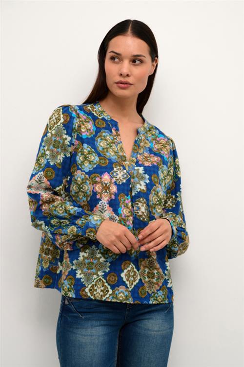 Cream Crjolly Blouse Kvinde Deja Vu Blue Ethnic Tile Langærmede Bluser Str 44 - hos Magasin