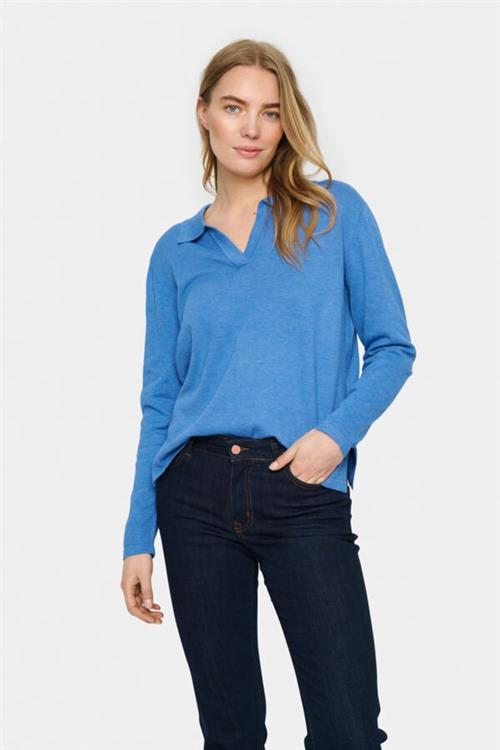 Saint Tropez Milasz Polo Pullover Kvinde Dutch Blue Melange Langærmede Bluser Str L - hos Magasin