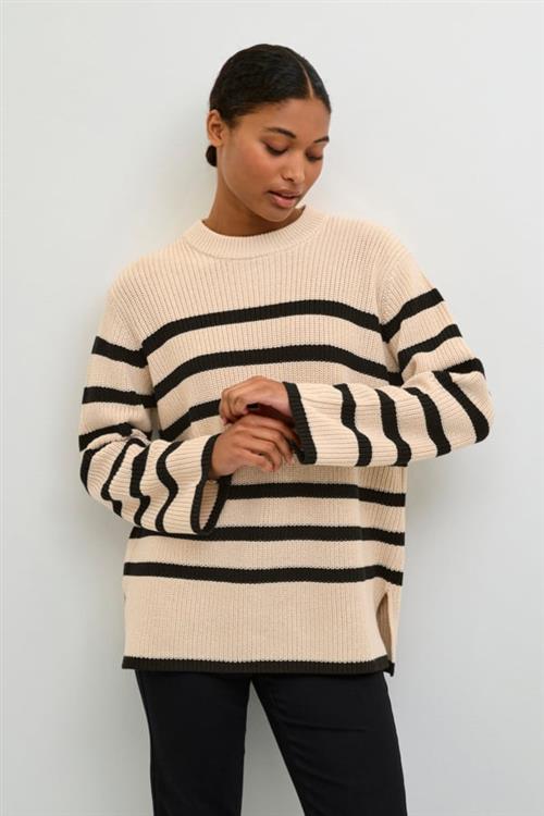 Kaffe Kacilla Knit Pullover Kvinde Sand Dollar / Black Stripe Sweaters Str S - hos Magasin