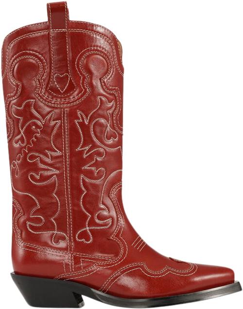 Ganni Mid Shaft Embroidered Western Boot Kvinde Barbados Cherry Cowboy & Biker Str 35 - hos Magasin