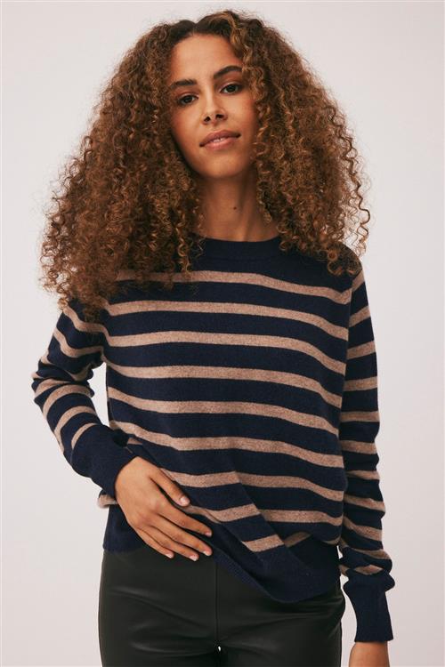 Magasin du Nord Collection Magasin Mabel 2 100 Cashmere Kvinde Sand / Navy Stripe Sweaters Str L Cashmere