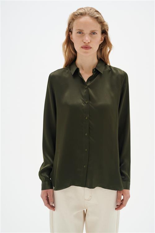 InWear Leonore Shirt Premium 100 Silk Kvinde Olive Leaf Langærmede Skjorter Relaxed Fit Str 44 - hos Magasin