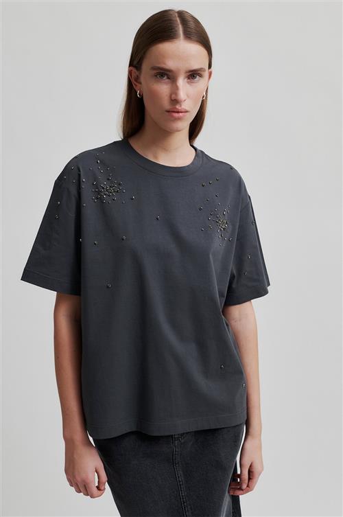 Second Female Glitta Sparkling Tee Kvinde Volcanic Ash Kortærmede T-shirts Str S - Bomuld hos Magasin