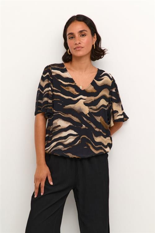 Kaffe Kalaila Blouse Kvinde Black/brown Tiger Print Kortærmede Bluser Str 40 - hos Magasin