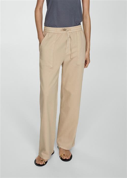 MANGO Elastic Waist Cotton Trousers Kvinde Lt Pastel Brown Bukser Med Brede Ben Str S - hos Magasin