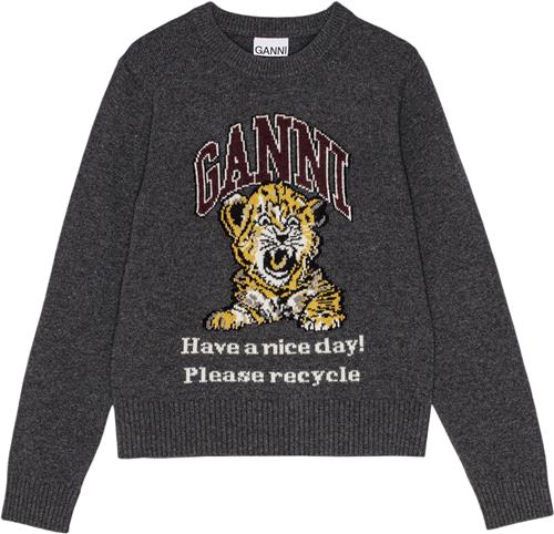 Ganni Graphic Wool Mix Tiger Crewneck Kvinde Gray Quill Sweaters Str S - hos Magasin