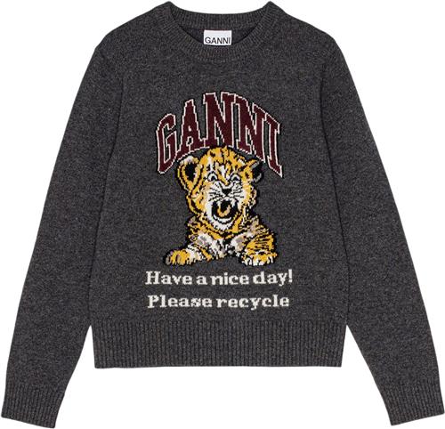 Ganni Graphic Wool Mix Tiger Crewneck Kvinde Gray Quill Sweaters Str XXS - hos Magasin