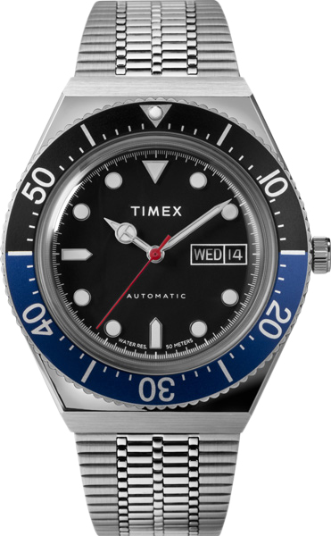 Se Timex M79 Automatic 40mm Black Dial Black and Blue Top Ring One size - Ure Stål hos Magasin ved Magasin