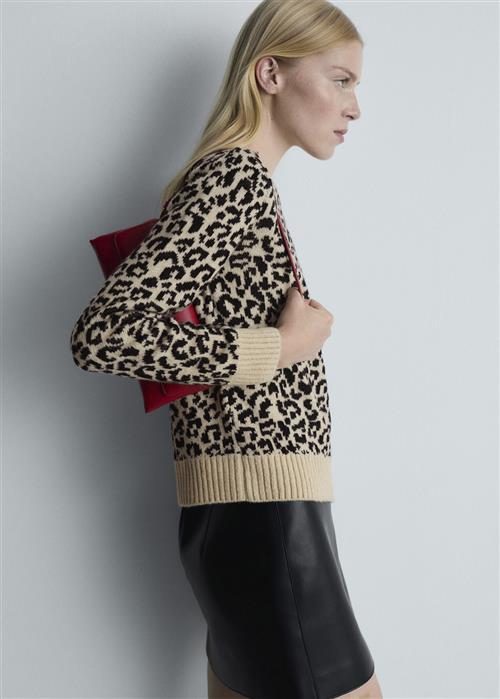 MANGO Leopard Jumper With Contrasting tri Kvinde Light Beige Sweaters Str L - hos Magasin