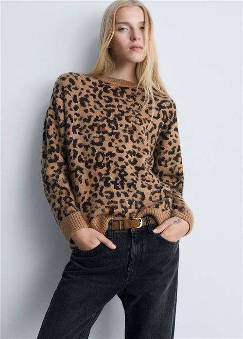 MANGO Leopard Jumper With Contrasting tri Kvinde Brown Sweaters Str L - hos Magasin