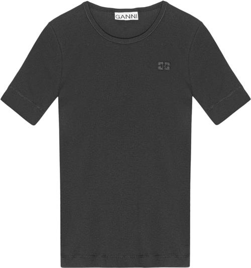 Ganni Soft Cotton Rib Short Sleeve Tshir Kvinde Black Kortærmede T-shirts Str S - hos Magasin