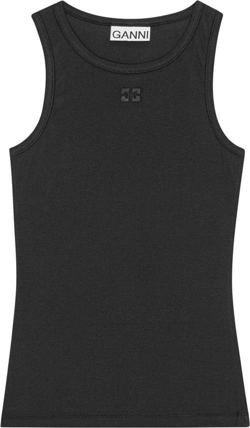 Ganni Soft Cotton Rib Tank Top Kvinde Black Tanktoppe Str L - hos Magasin