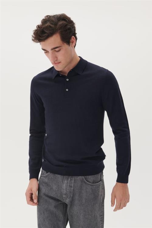 Matinique Maklint Mand Dark Navy Melange Langærmede Poloer Regular Fit Str XL - hos Magasin