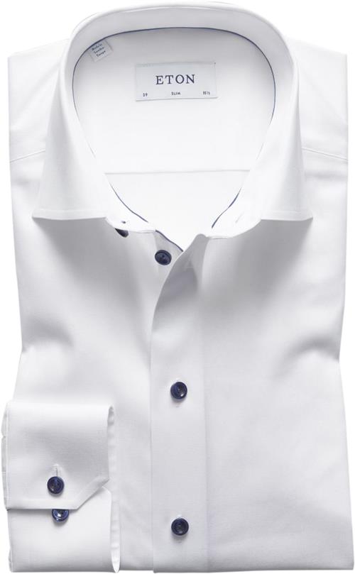 ETON White Twill Shirt Dark Blue Details Slim Fit Mand Hvid Langærmede Skjorter Str 43 - Uld hos Magasin