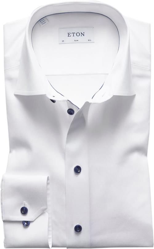 ETON White Twill Shirt Dark Blue Details Slim Fit Mand Hvid Langærmede Skjorter Str 42 - Uld hos Magasin