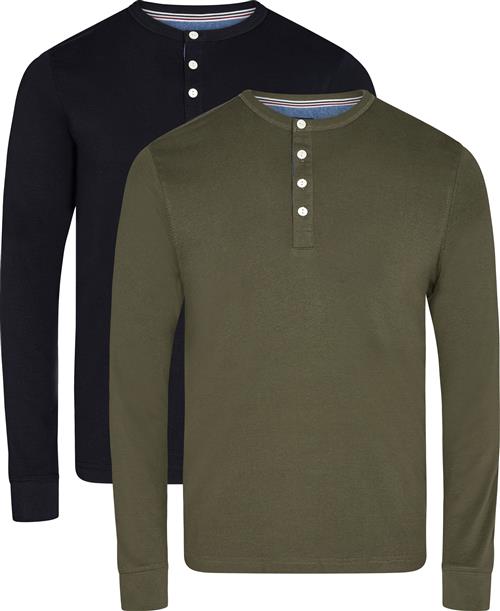 Lindbergh Solid Granddad L/S Mand Black Dk Army Langærmede T-shirts Slim Fit Str XL - Bomuld hos Magasin