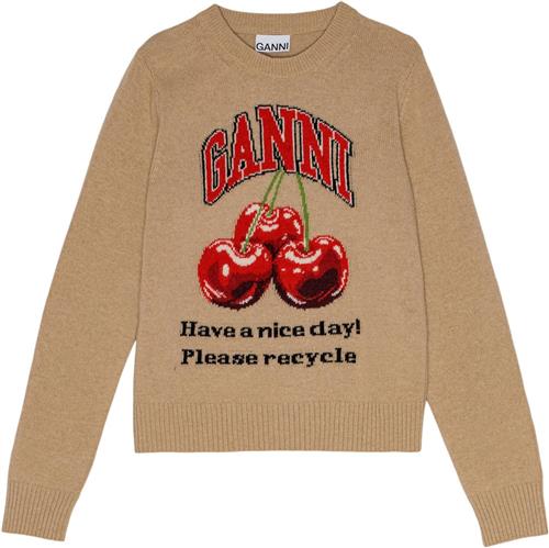 Ganni Graphic Wool Mix Cherry Crewneck Kvinde Safari Sweaters Str L - hos Magasin