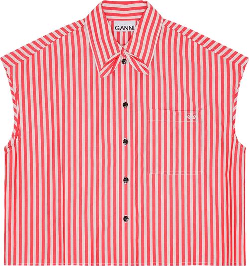 Se Ganni Stripe Cotton Tie Collar Shirt Kvinde Barbados Cherry Kortærmede Skjorter Str 34 - hos Magasin ved Magasin