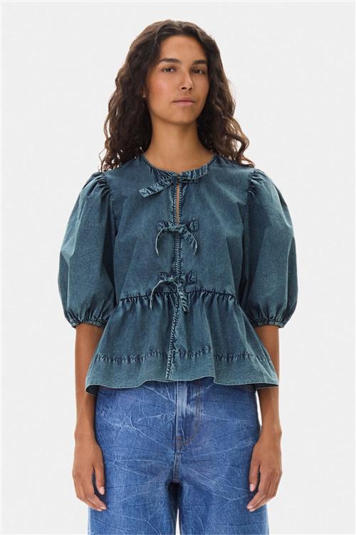 Se Ganni Cotton Poplin Peplum Blouse Kvinde Sky Captain Langærmede Bluser Str 40 - hos Magasin ved Magasin