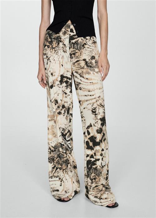 MANGO Fluid Animal Print Trousers Kvinde Light Beige Bukser Med Brede Ben Str 38 - hos Magasin