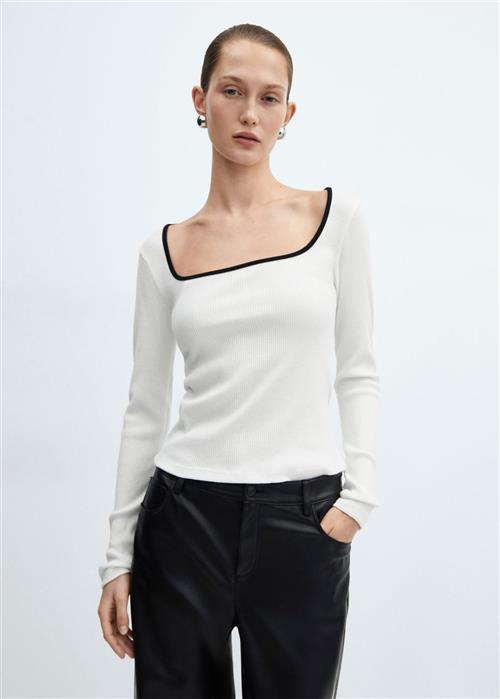 MANGO Ribbed Squared Neckline Tshirt Kvinde White Kortærmede T-shirts Str S - hos Magasin