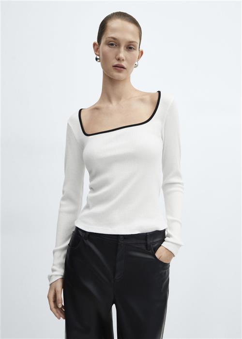 MANGO Ribbed Squared Neckline Tshirt Kvinde White Kortærmede T-shirts Str M - hos Magasin