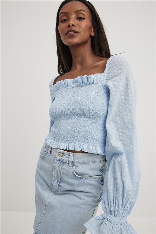 Se NA-KD Puff Sleeve Dobby Blouse Kvinde Dusty Blue Langærmede Bluser Str EU 32 - hos Magasin ved Magasin