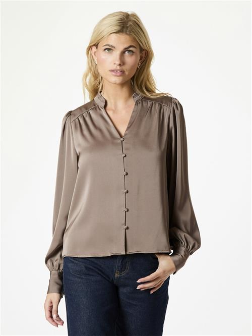 Neo Noir Massima Drapy Satin Blouse Kvinde Dark Taupe Langærmede Bluser Str 40 - hos Magasin