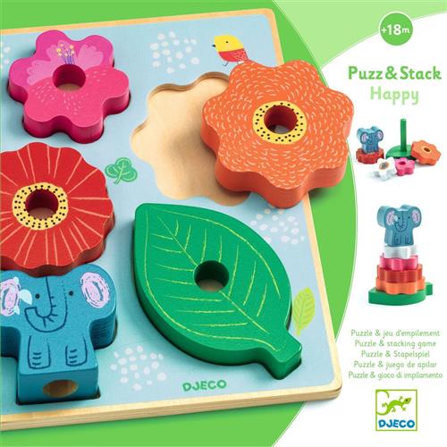 Se Djeco Puzz & Stack Happy Puslespil Med Staklegetøj | Blå | 0-2 ved Babyshop