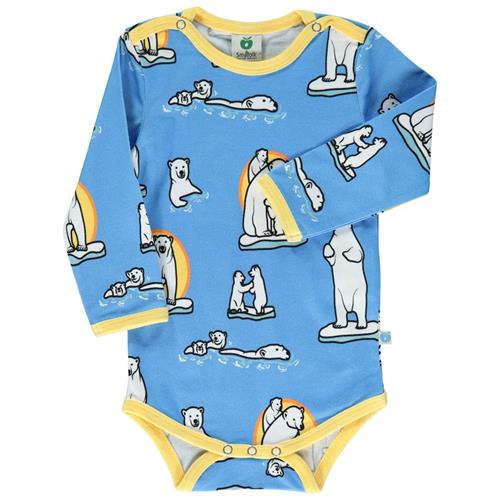 Se Småfolk Baby Body i Alaskan Blue med isbjørne | Blå | 62 cm ved Babyshop