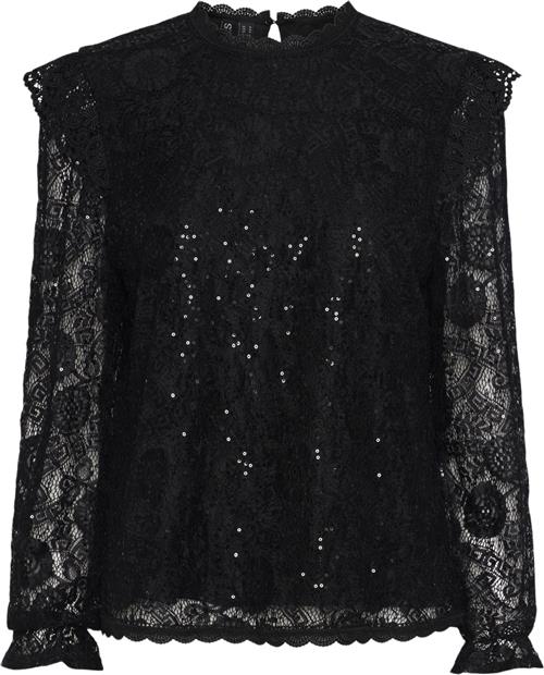 Pieces Pcolline LS Lace Sequins TOP Noos Kvinde Sort Toppe Regular Fit Str XS - hos Magasin