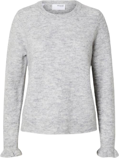 Selected Femme Slflulu LS Knit Frill Cuff Oneck N Kvinde Grå Sweaters Regular Fit Str L - hos Magasin