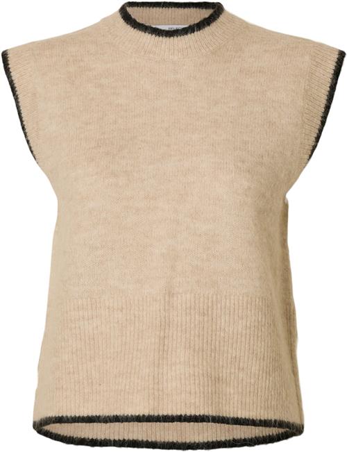 Se Selected Femme Slfalva Oneck Knit Vest D2 Kvinde Birch/detail Black Strikveste Str L - hos Magasin ved Magasin