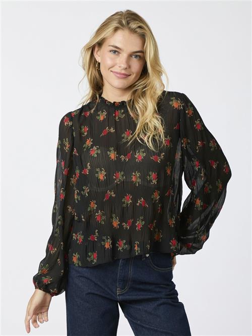 Neo Noir Lovise Plissé Flower Blouse Kvinde Black Langærmede Bluser Str 42 - hos Magasin