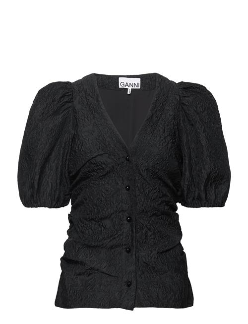 Ganni Jacquard Organza Gathered V-Neck Blouse Ganni Black