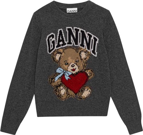 Ganni Graphic Wool Mix Bear Crewneck Kvinde Gray Quill Sweaters Str L - hos Magasin