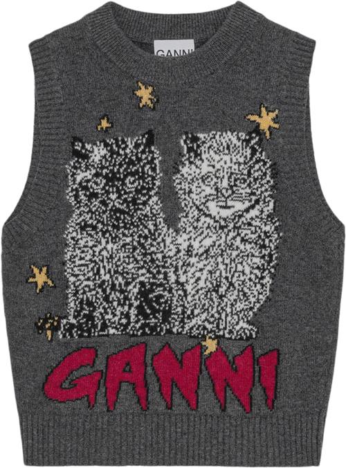 Ganni Graphic Wool Mix Cats Vest Kvinde Gray Quill Strikveste Str L - hos Magasin