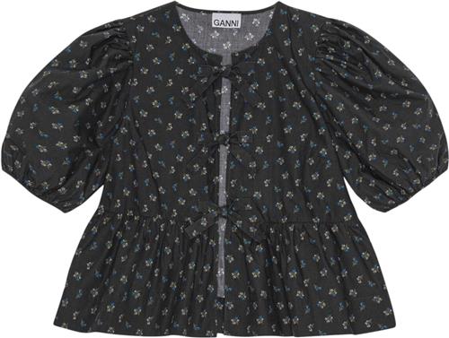 Ganni Printed Cotton Peplum Blouse Kvinde Phantom Langærmede Bluser Str 34 - hos Magasin