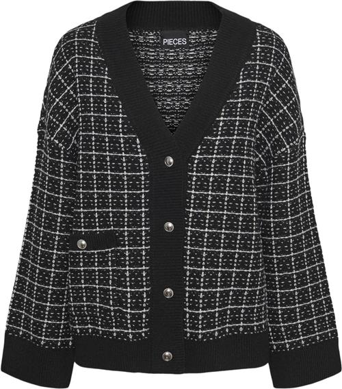 Se Pieces Pcnilja Knit Shacket PA BC Kvinde Black/white And Silver Lurex Cardigans Str L - hos Magasin ved Magasin