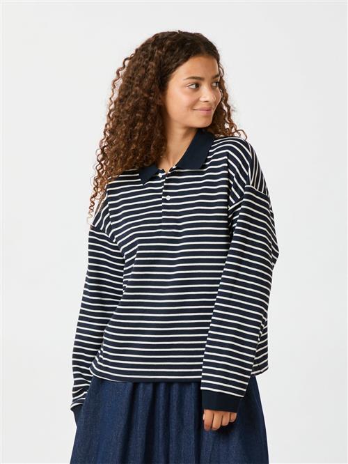 Neo Noir Sara Stripe Polo Blouse Kvinde Navy Langærmede Bluser Str 42 - hos Magasin