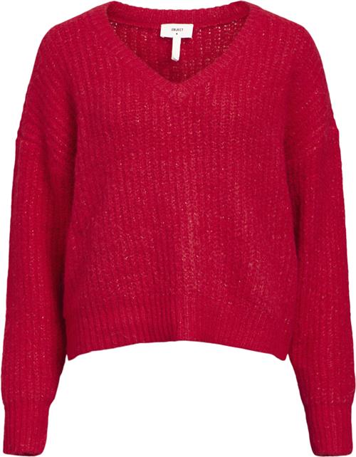 Object Objmilu LS LO Vneck Knit E AU 24 Kvinde Flame Scarlet Toppe Loose Fit Str M - hos Magasin