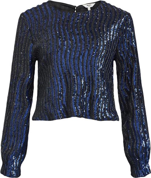 Se Object Objdotti Sansiba RE L/S TOP 135 Kvinde Sky Captain/black Mesh Toppe Str S - hos Magasin ved Magasin