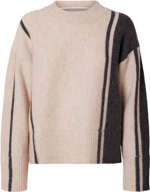 Se Selected Femme Slfalva LS Oneck Knit Kvinde Birch/volcanic Ash Sweaters Regular Fit Str XS - hos Magasin ved Magasin