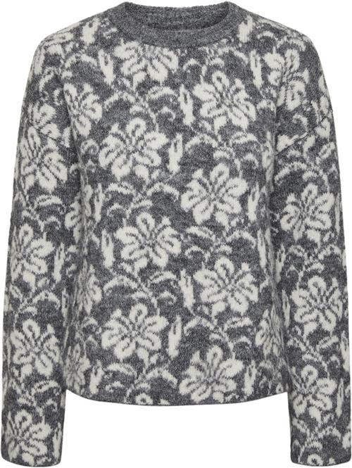 Pieces Pcragar LS Oneck REV Jacquard Knit Kvinde Medium Grey Melange/cdan Jacquard Langærmede Bluser Str XS - hos Magasin