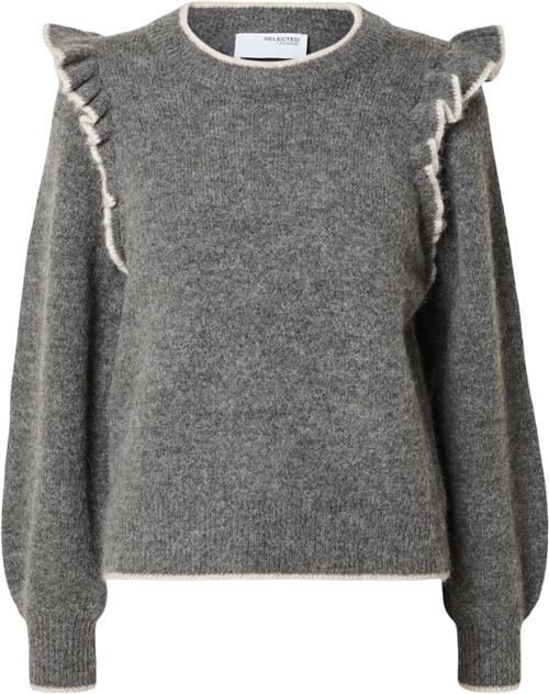 Selected Femme Slfalva Frills LS Alpaca Blend Knit Oneck Kvinde Grå Sweaters Str XS - hos Magasin