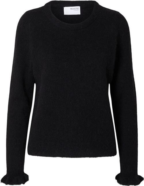 Selected Femme Slflulu LS Wool Knit Frill Cuff Oneck N Kvinde Sort Sweaters Regular Fit Str L - hos Magasin