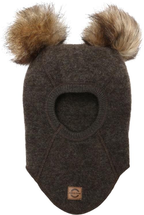 Mikk-Line Wool Fullface w. Pom Pom Str 74/80Y - Dark Brown Melang Heldragter Uld hos Magasin