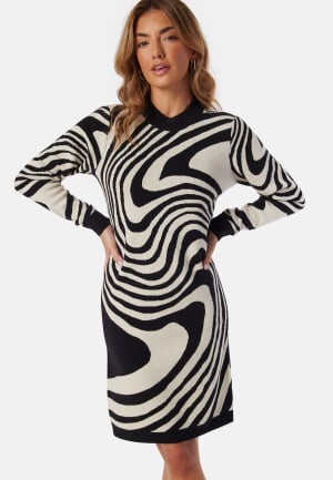 Object Collectors Item Ray L/S Knit Dress AOP Black Pattern:Sandshell zebra S