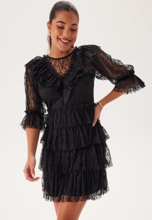 Bubbleroom Occasion Lace Frill Puff Sleeve Dress Black XS