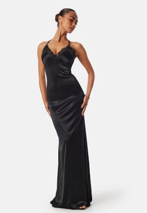 Goddiva Satin Lace Trim Maxi Dress Black M (UK12)